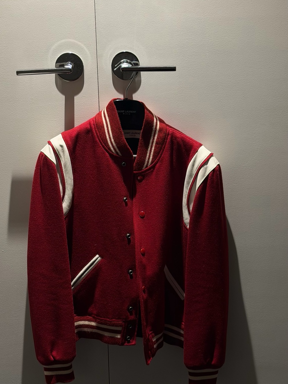 Yves Saint Laurent Red and White Varsity Bomber Jacket
